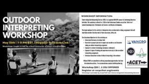 Black and white flyer with photo of interpreter working outdoors at a lake