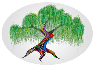 Colorful hand-drawn willow tree with green leaves.