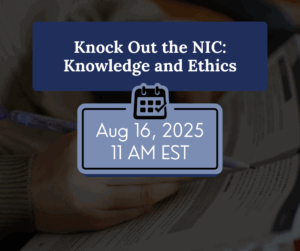 Dark background photo of a signing "interpret" with text that says Knock Out the NIC: Knowledge & Ethics Aug 16, 2025 11am EST